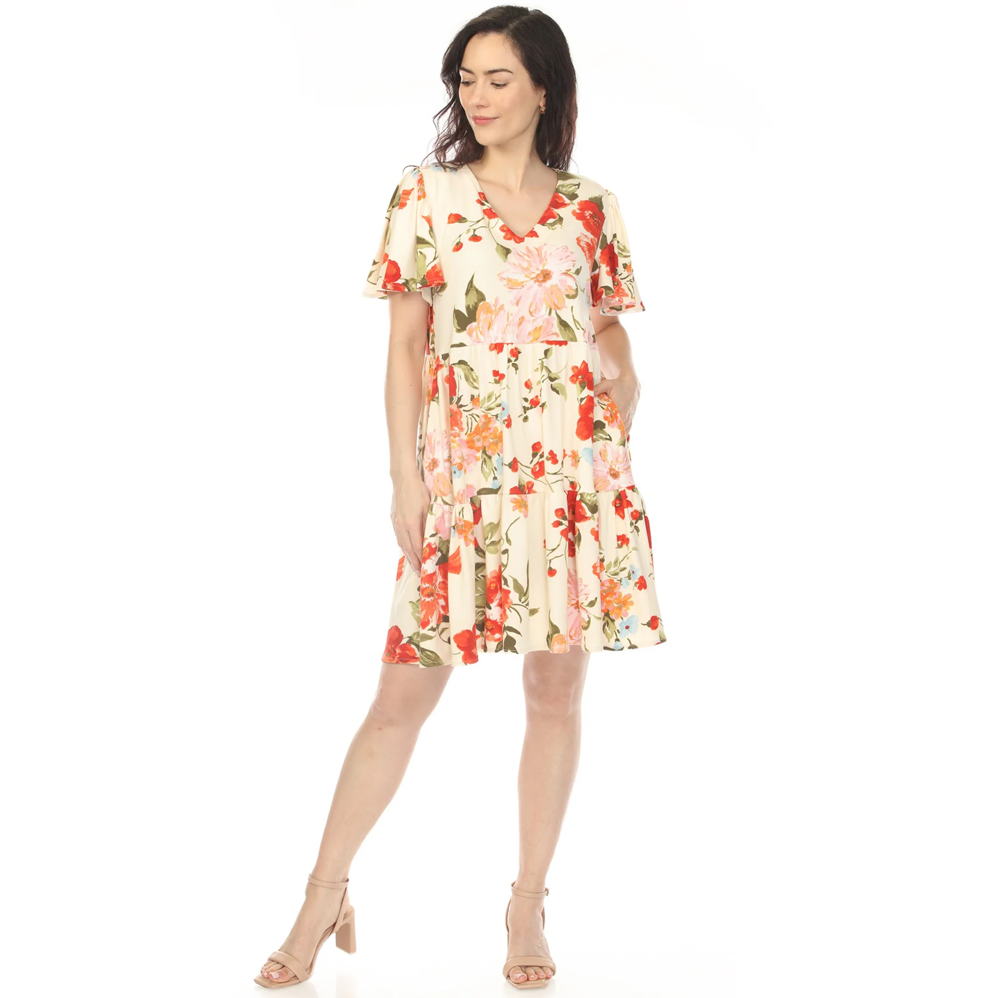 Women's V-Neck Tropical Flower Short Sleeve Dress - Ivory - Image 5