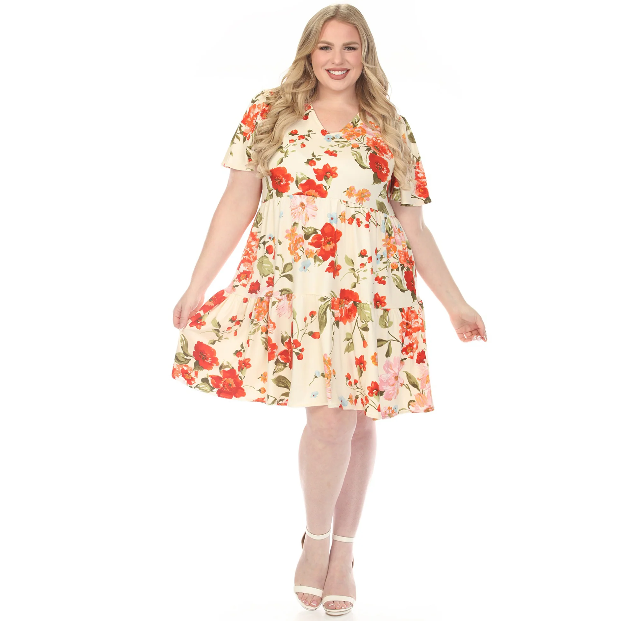 Women's  V-Neck Tropical Flower Short Sleeve Dress - Ivory - Plus - Image 5