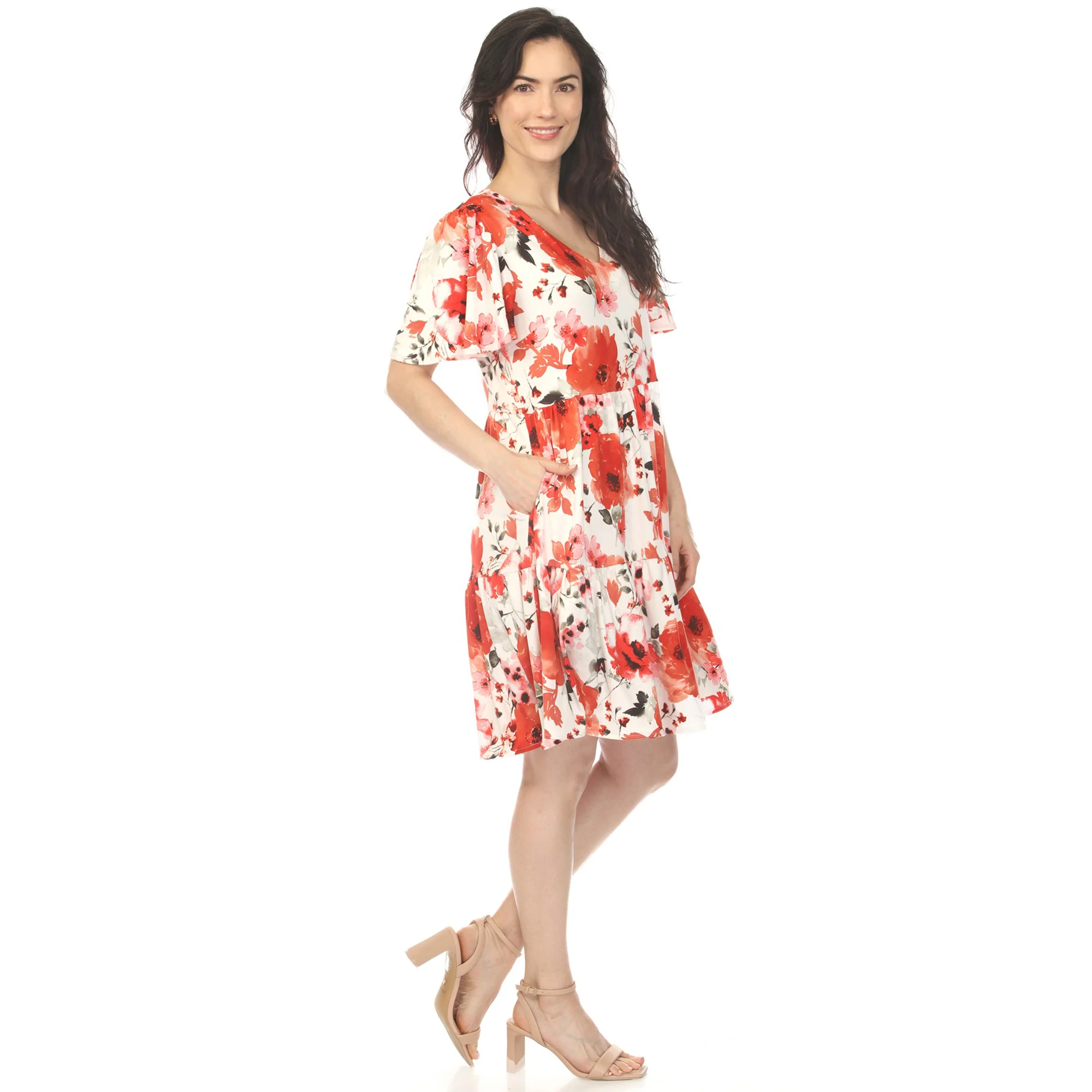 Women's V-Neck Vintage Floral Short Sleeve Dress - Red - Image 2