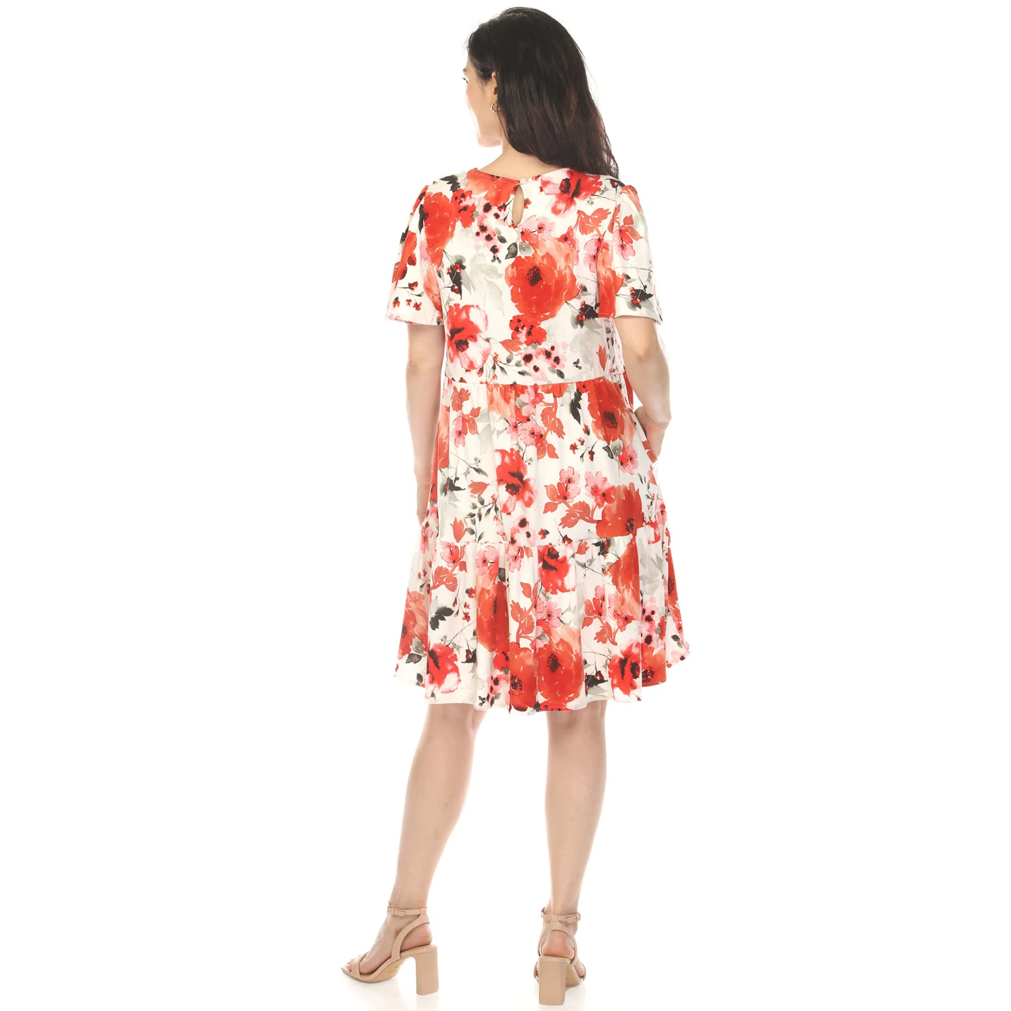 Women's V-Neck Vintage Floral Short Sleeve Dress - Red - Image 3