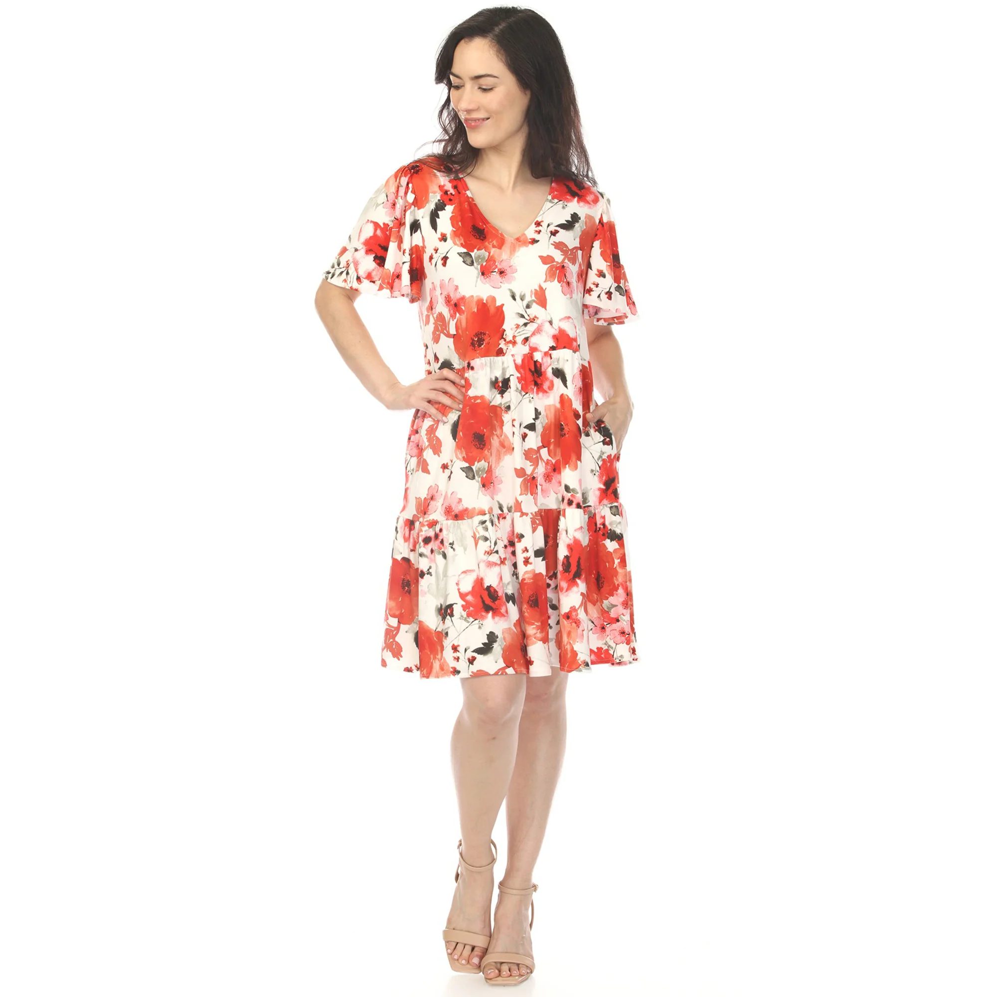 Women's V-Neck Vintage Floral Short Sleeve Dress - Red - Image 5