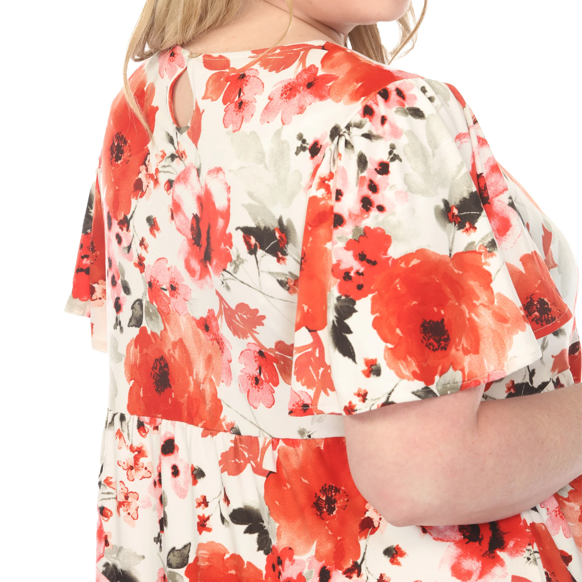 Women's  V-Neck Vintage Floral Short Sleeve Dress - Red - Plus - Image 4