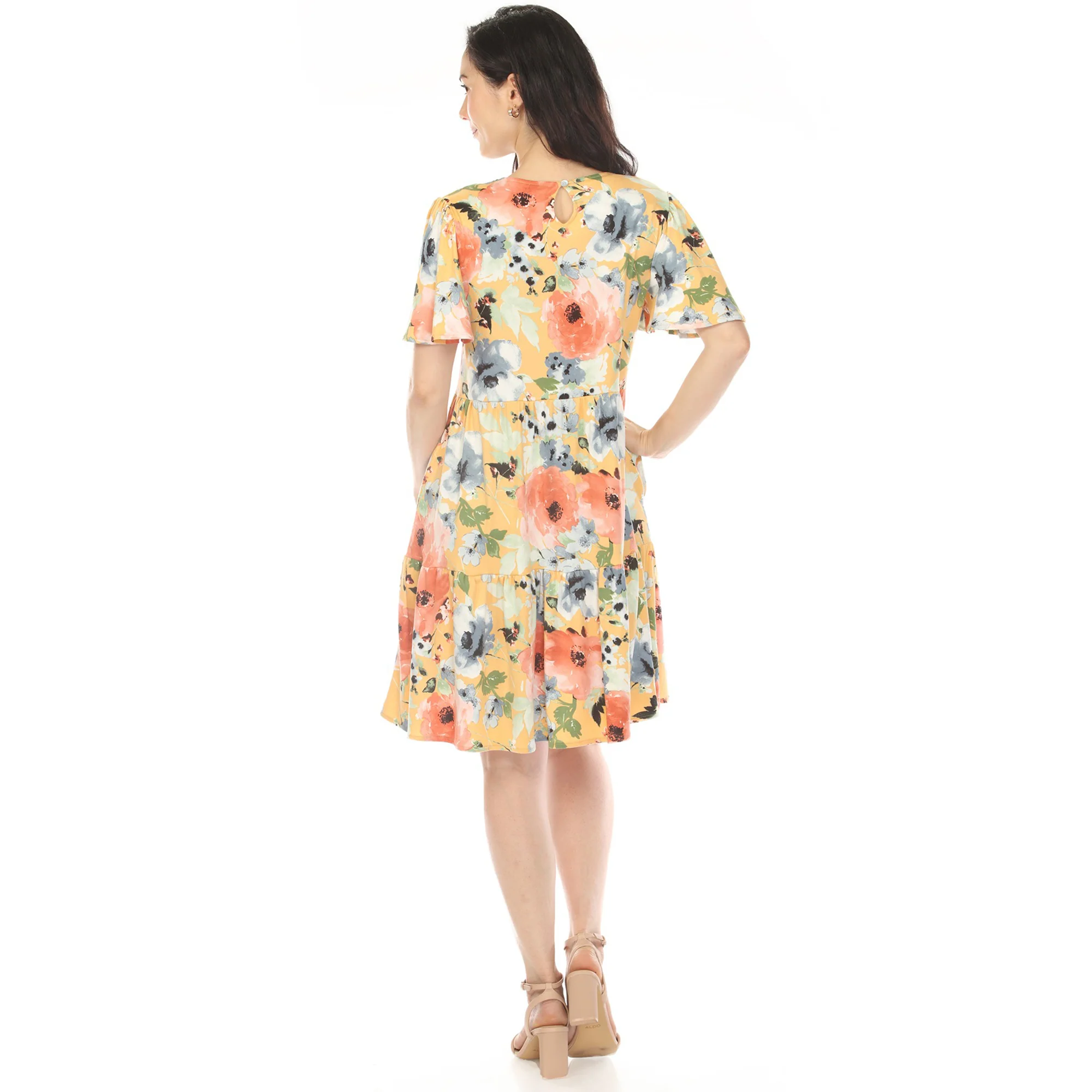 Women's V-Neck Vintage Floral Short Sleeve Dress - Yellow - Image 3