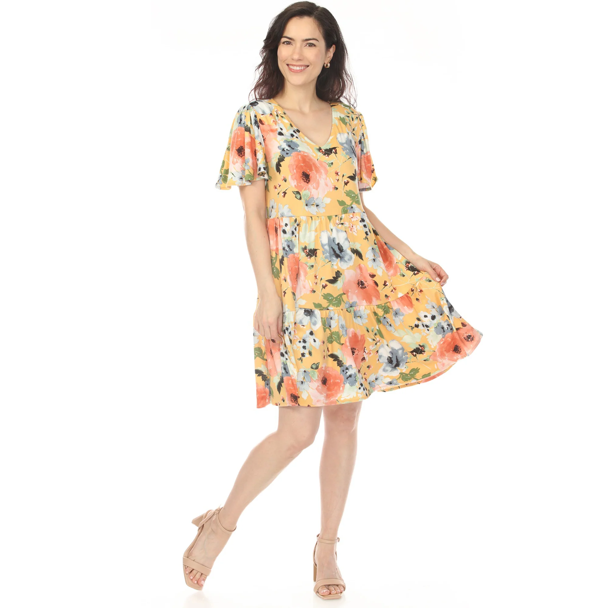 Women's V-Neck Vintage Floral Short Sleeve Dress - Yellow - Image 5