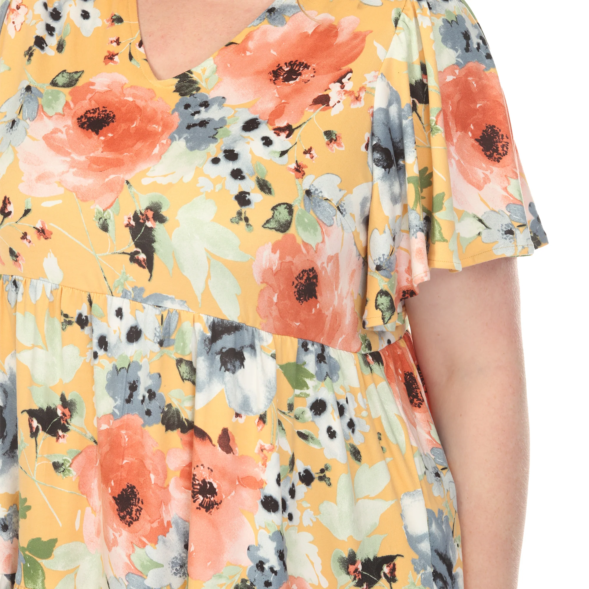 Women's  V-Neck Vintage Floral Short Sleeve Dress - Yellow - Plus - Image 4