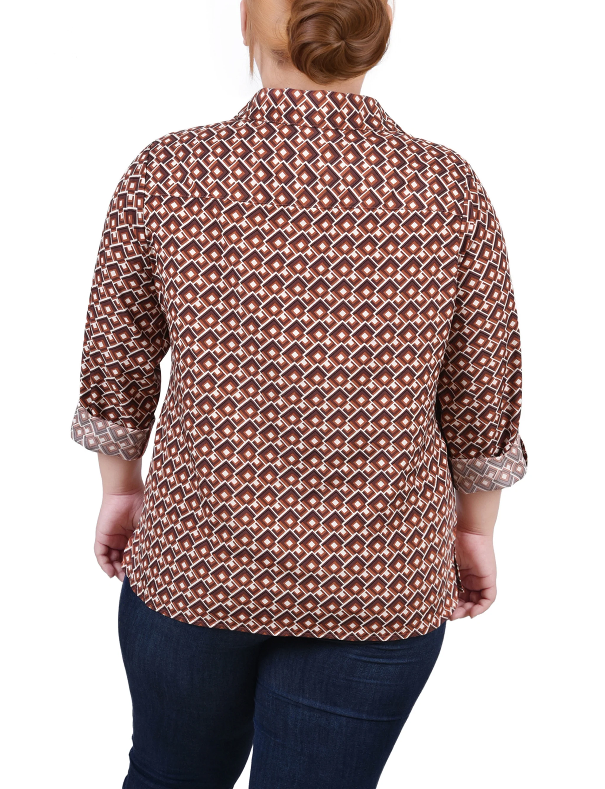 Yellow 3/4 Roll Tab Blouse With Pockets - Plus Size - Image 4