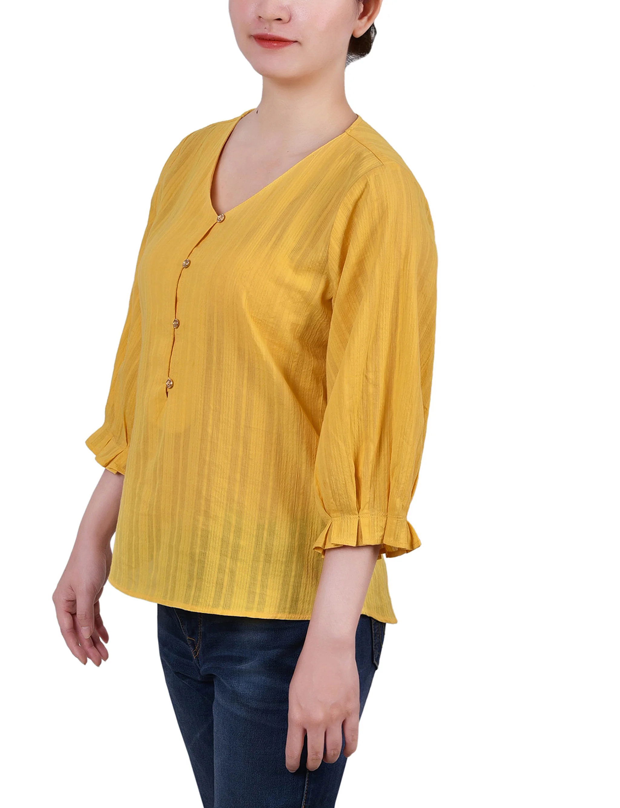 Yellow 3/4 Sleeve Button Placket Jacquard Blouse - Petite - Image 3