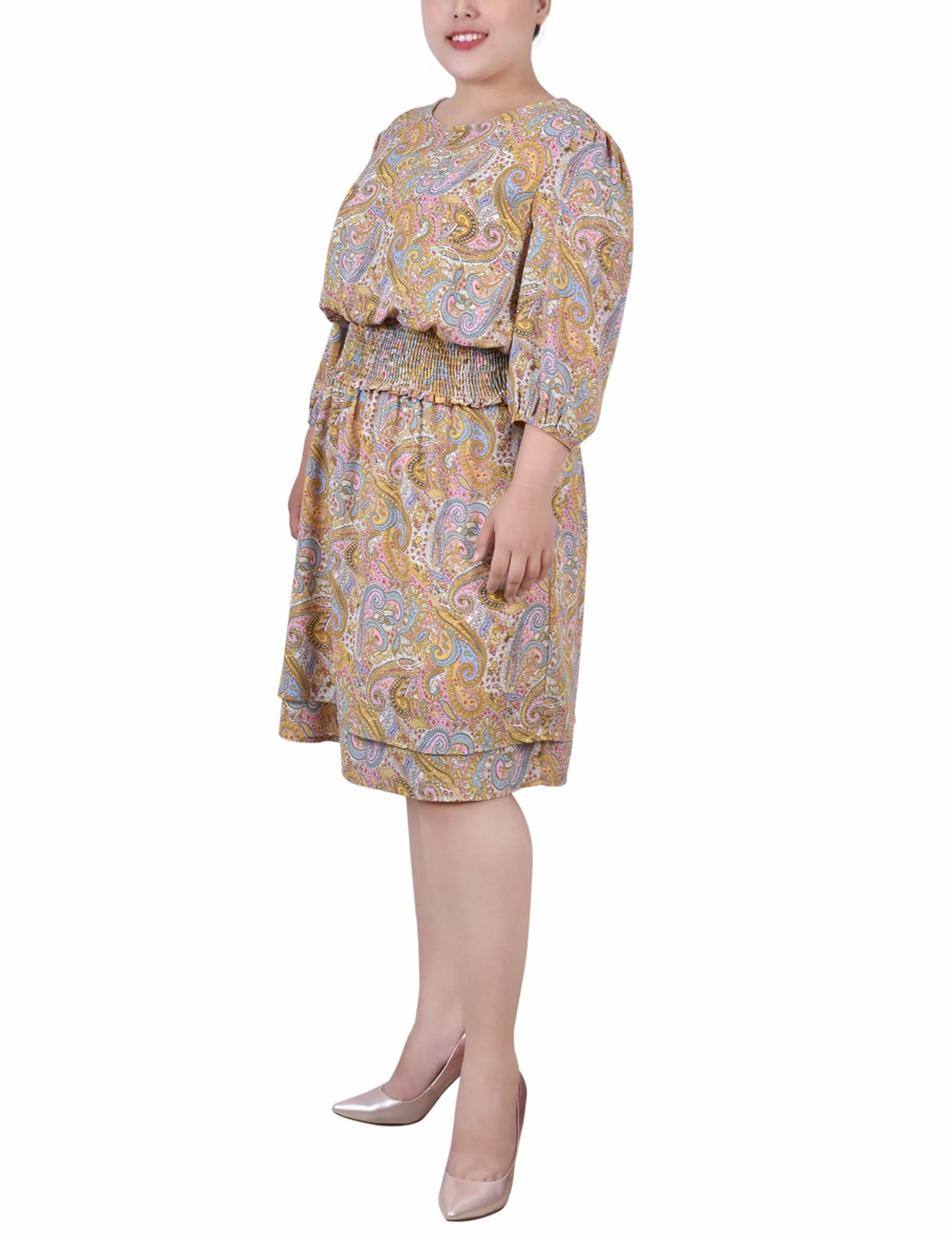 Yellow 3/4 Sleeve Dobby Smocked Waist Dress - Plus Size - Image 2