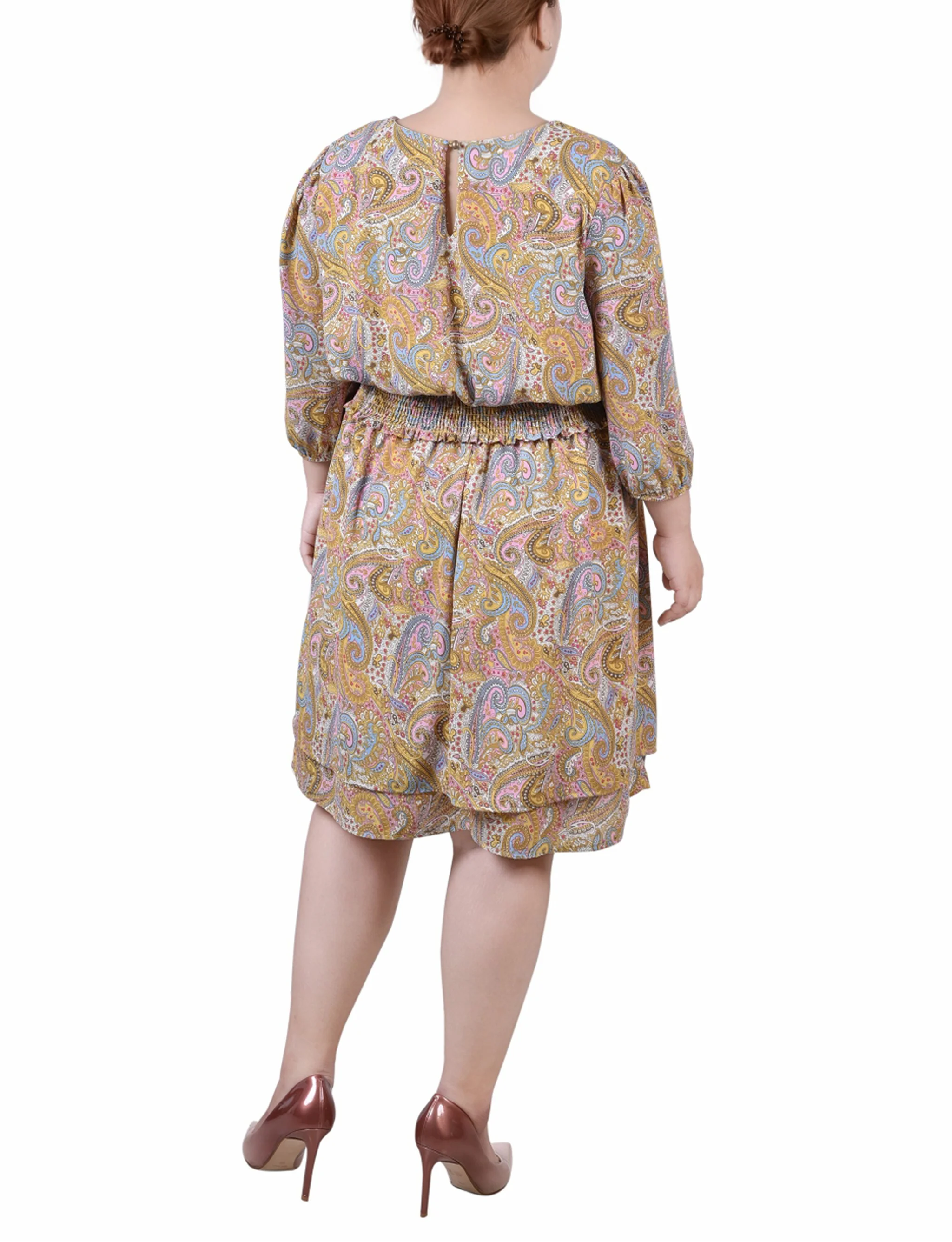 Yellow 3/4 Sleeve Dobby Smocked Waist Dress - Plus Size - Image 3