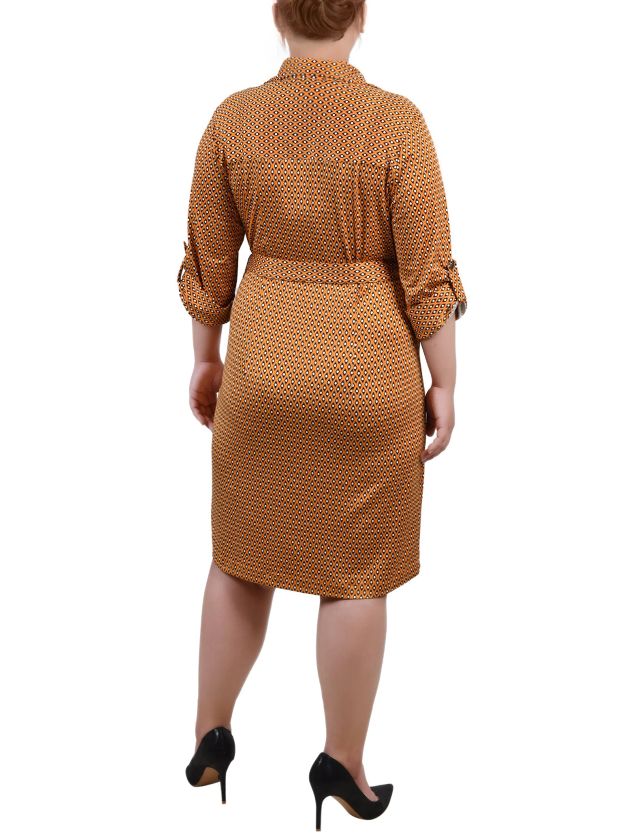 Yellow Belted Roll Tab Zip Front Shirtdress - Plus Size - Image 3