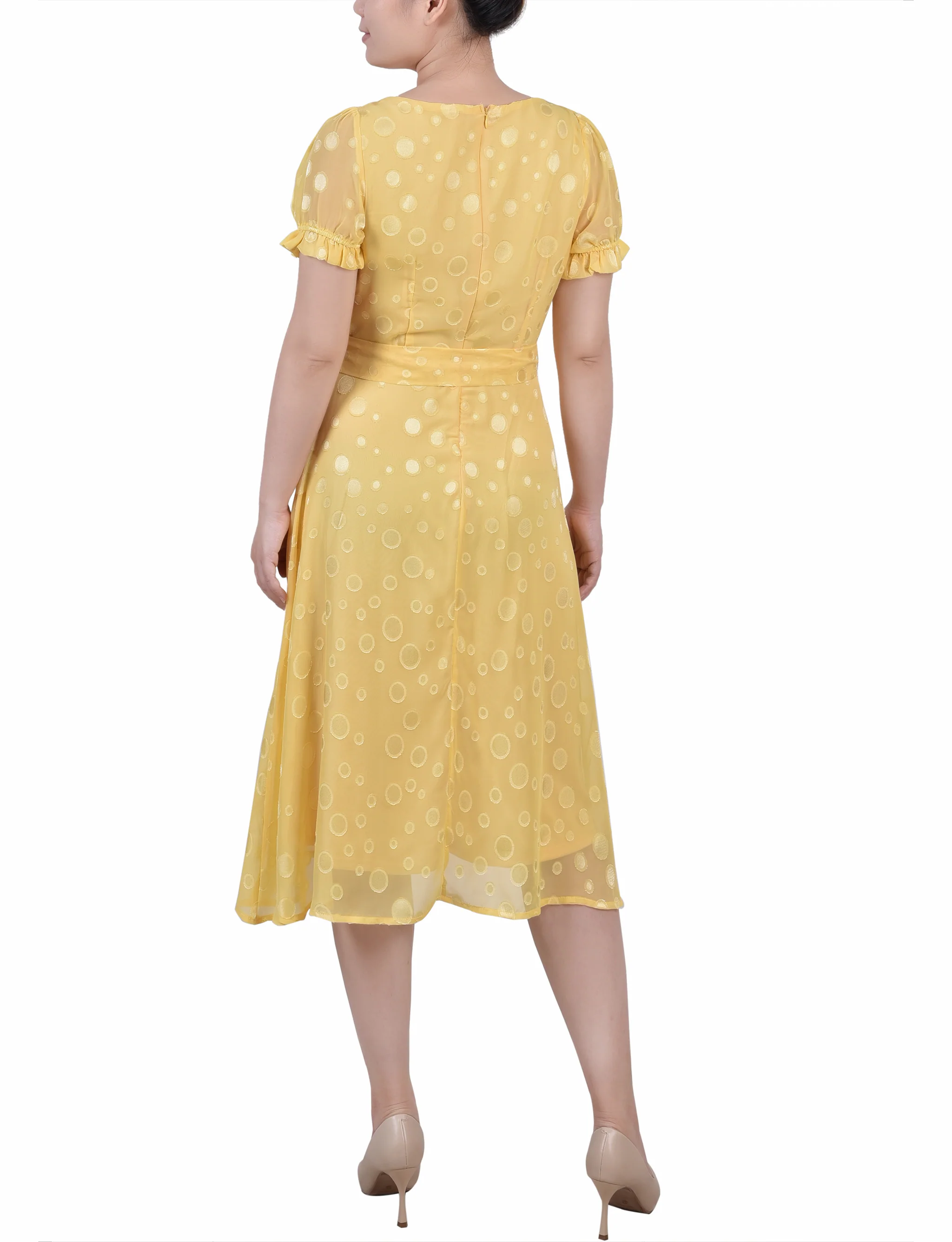 Yellow Multi Circle Short Sleeve Belted Swiss Dot Dress - Image 3