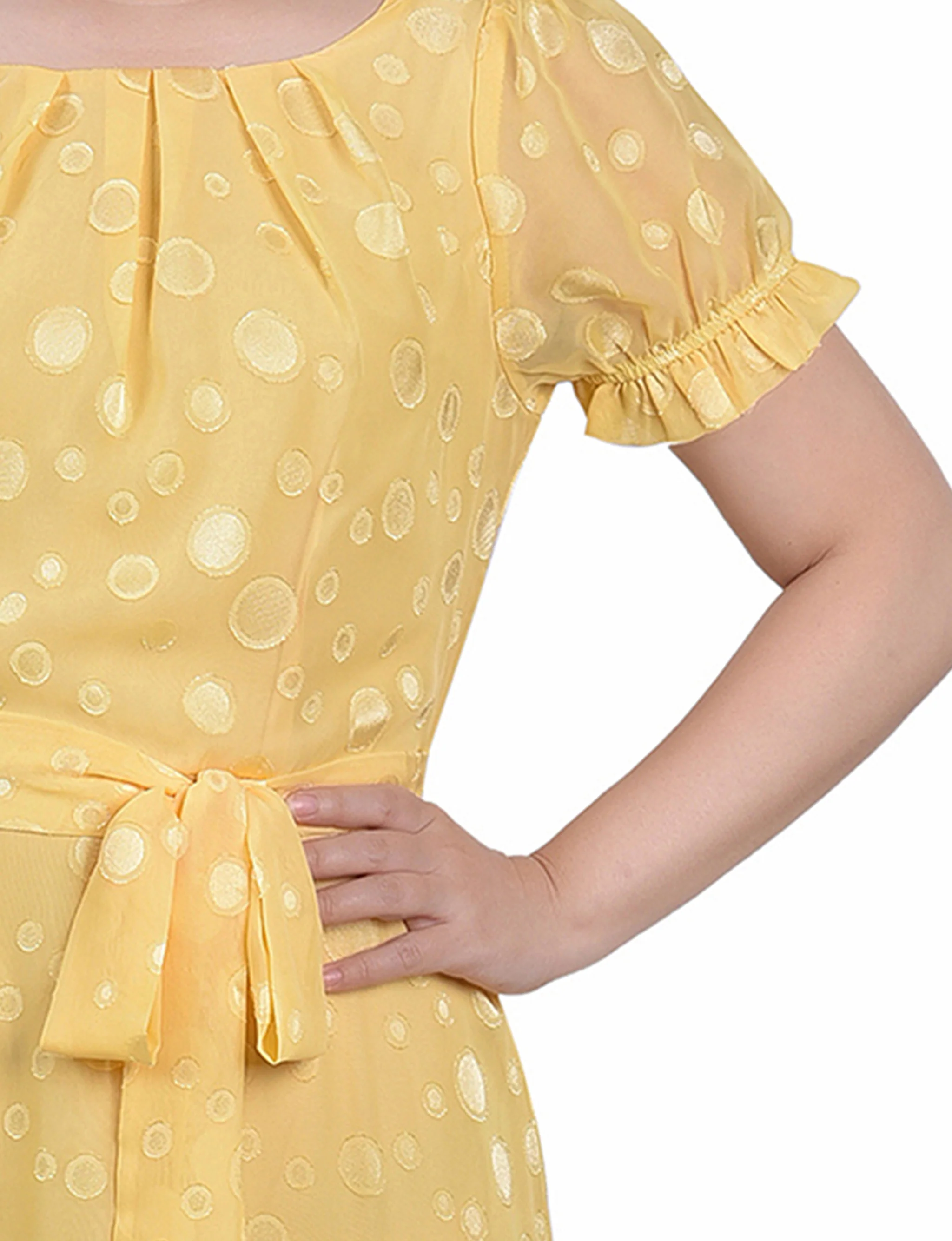 Yellow Multi Circle Short Sleeve Belted Swiss Dot Dress - Image 4