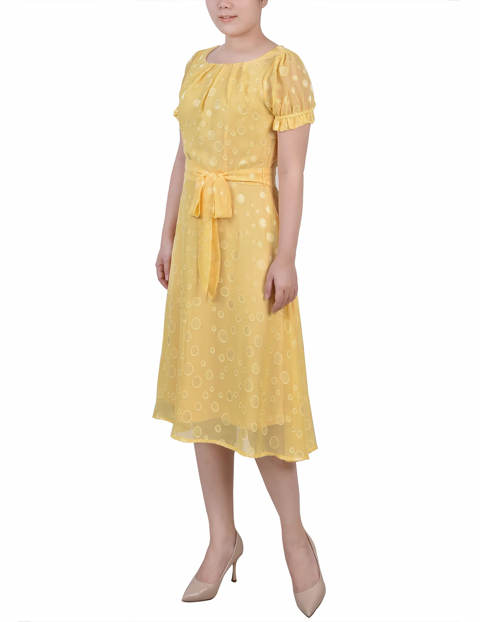 Yellow Multi Circle Short Sleeve Belted Swiss Dot Dress - Petite - Image 2