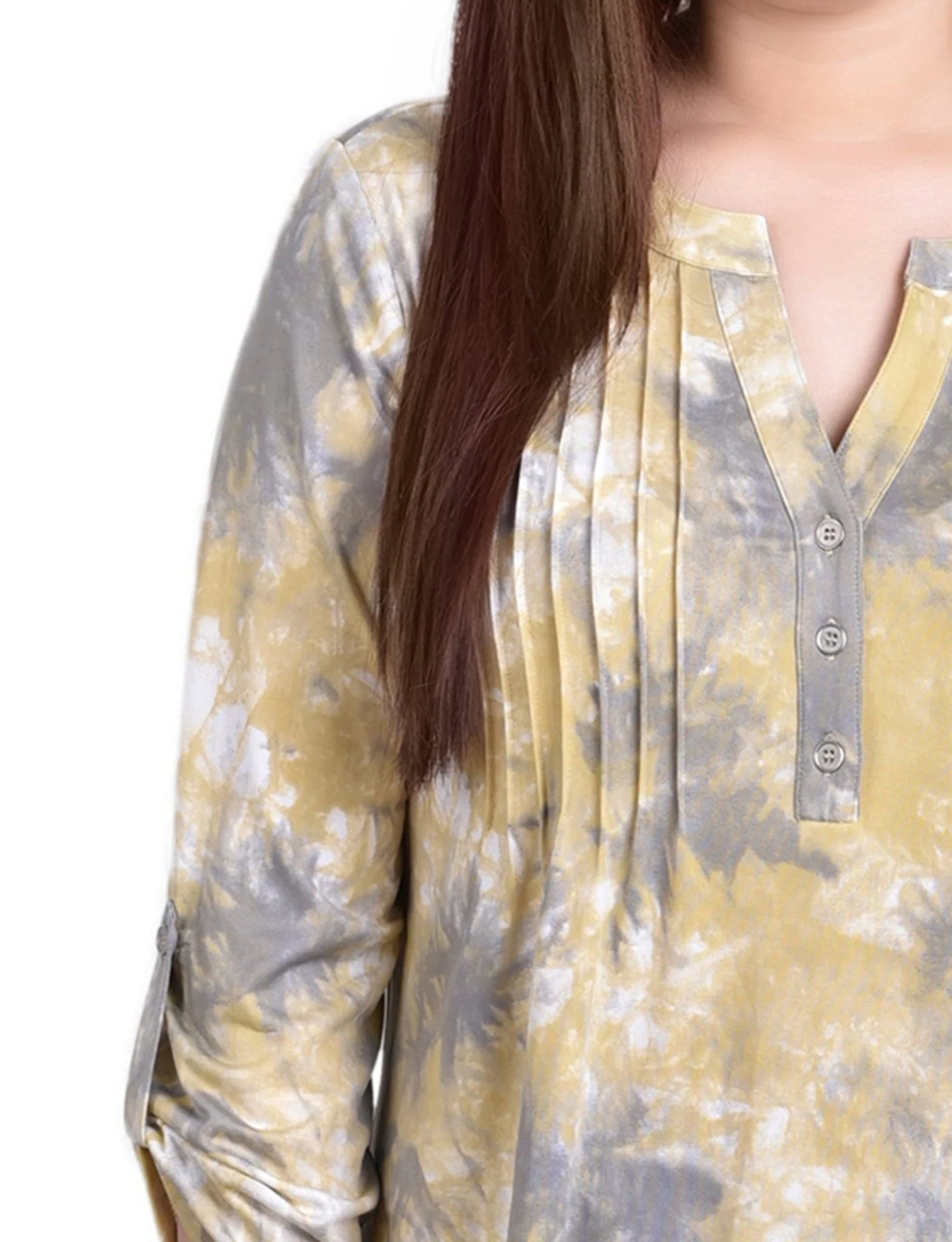 Yellow Tiedye 3/4 Bell Sleeve Pleat Front Y Neck Top - Image 3