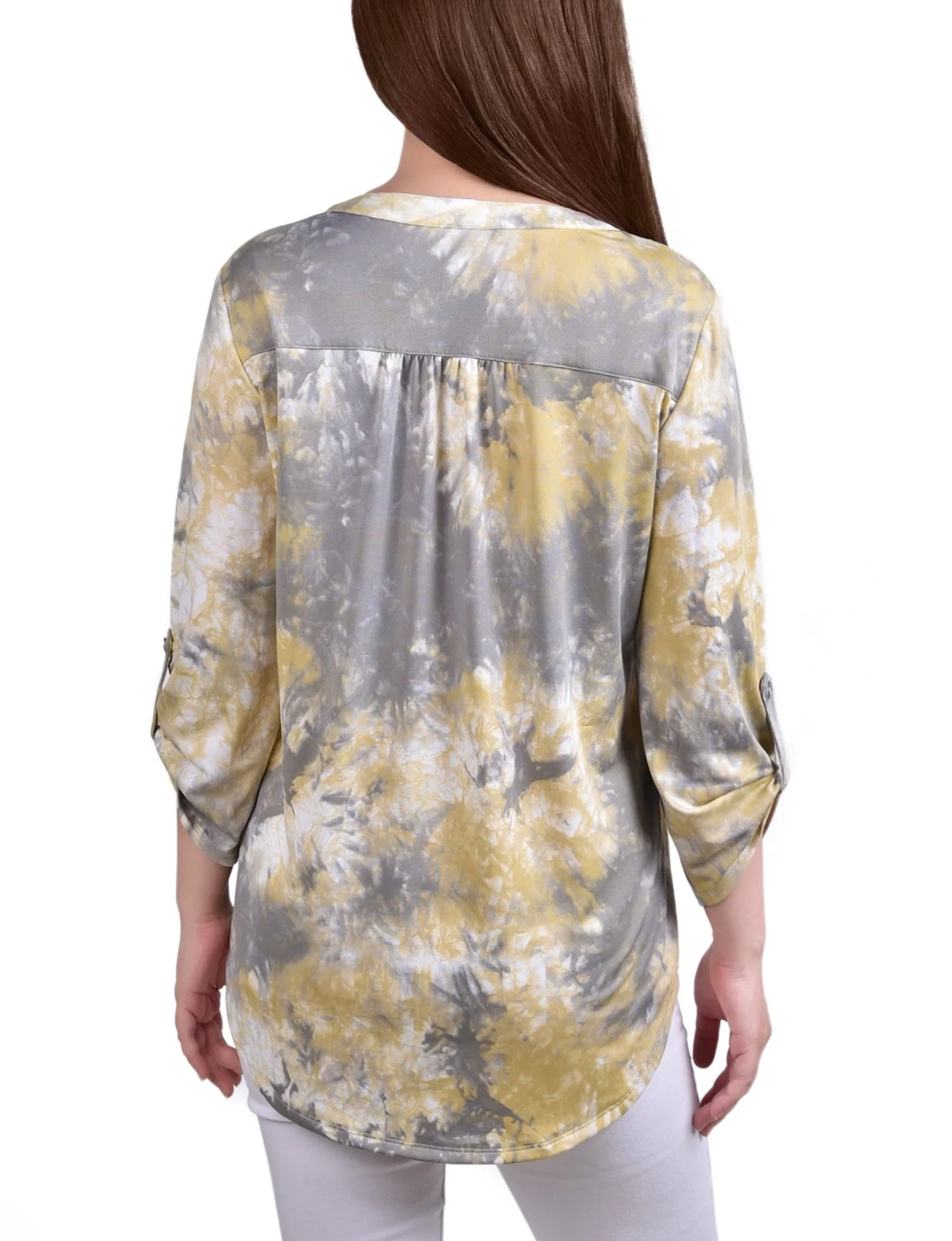Yellow Tiedye 3/4 Bell Sleeve Pleat Front Y Neck Top - Image 4