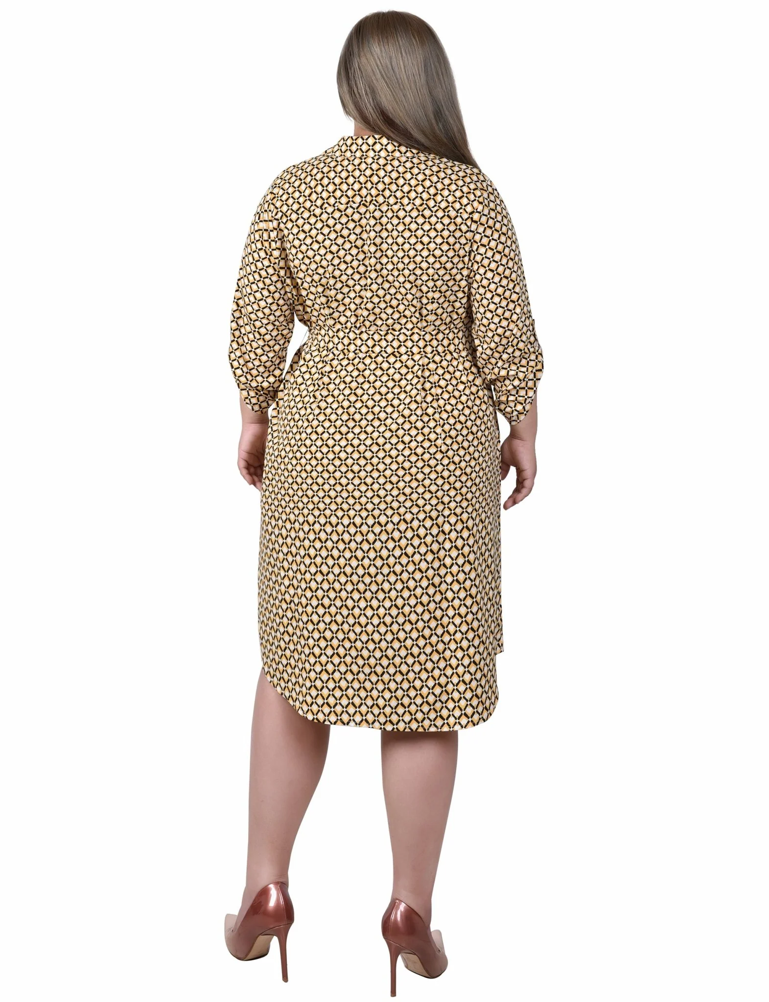 Yellow White Black Diamond 3/4 Roll Tab Sleeve Zippered Shirtdress - Plus - Image 3
