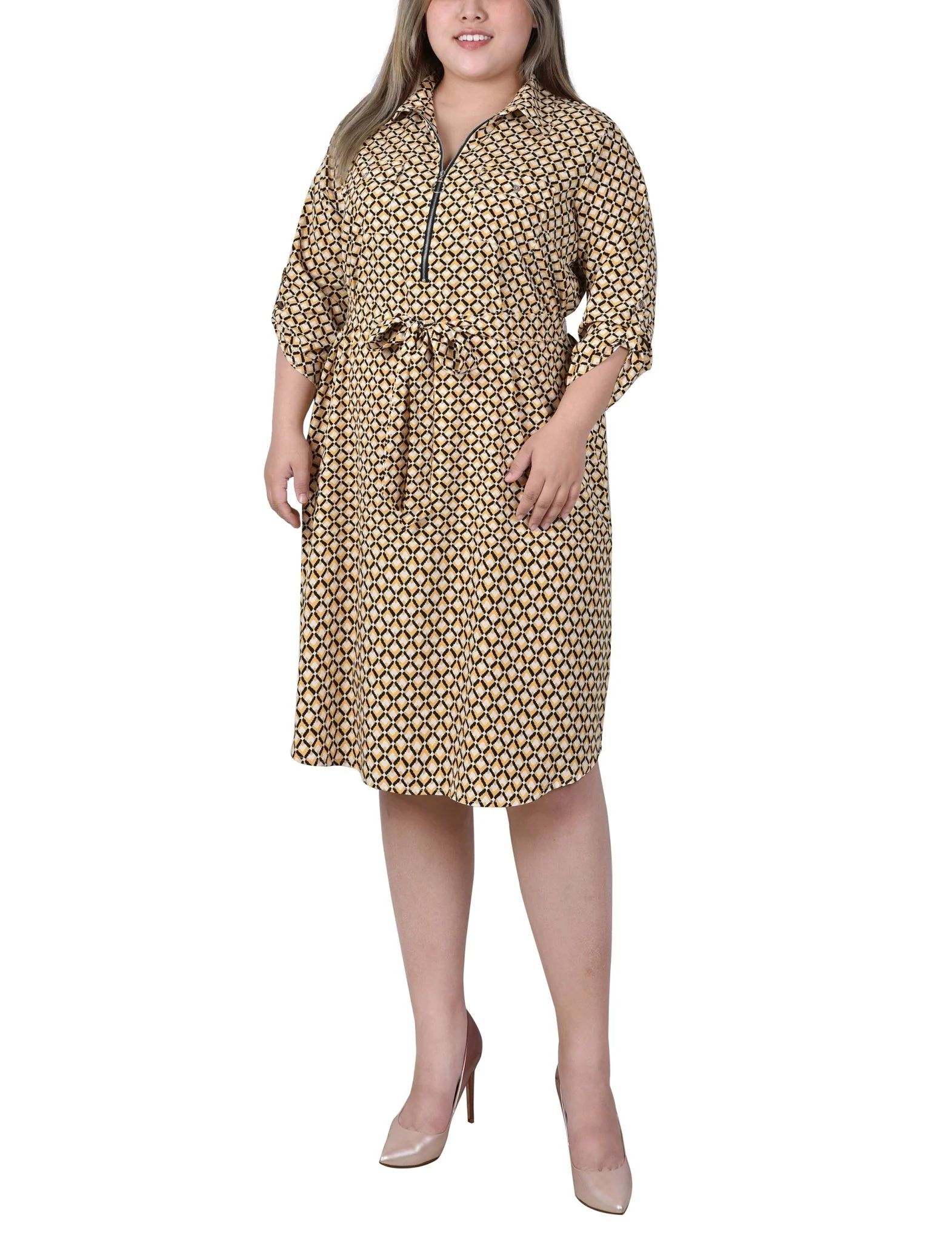 Yellow White Black Diamond 3/4 Roll Tab Sleeve Zippered Shirtdress - Plus - Image 4